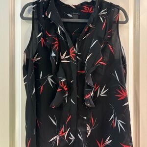 Ann Taylor Black Blouse with Red and White Leaf Design
